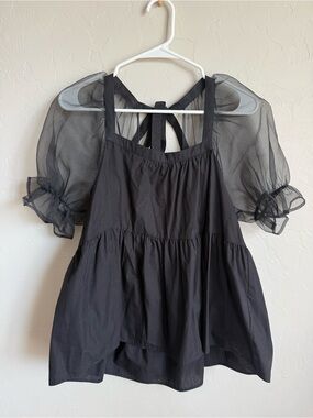 Black cotton blouse with sheer puff sleeves TopShop